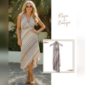 🌿Taunt Women's Medium Striped Halter Faux Wrap Dress With Back Ties-Very Cool!